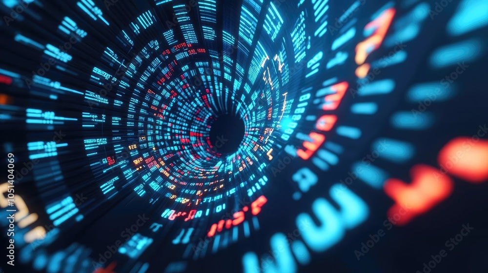 Poster abstract digital tunnel with glowing numbers in blue and red colors.