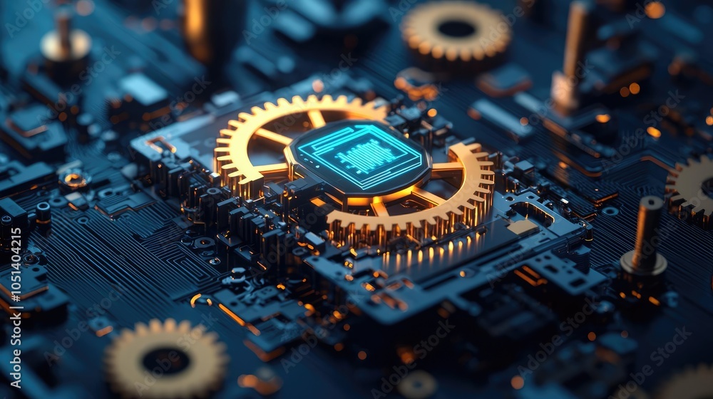 Poster Close-up of intricate circuit board with glowing processor and gears, dark background.