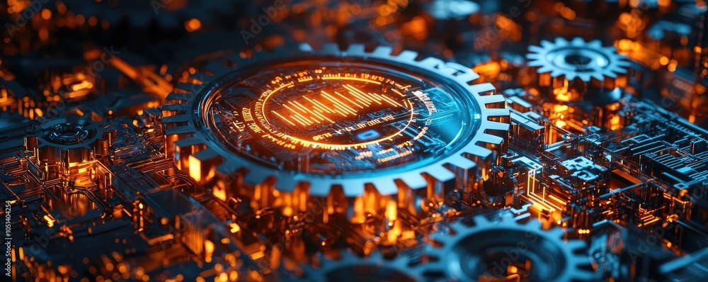 Aufkleber close-up of gears and circuits with glowing elements and intricate details.