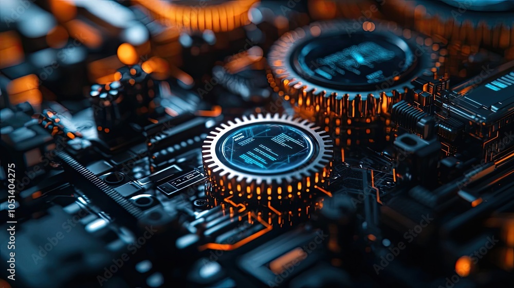 Poster Close-up of a circuit board with glimmering components and glowing colors.
