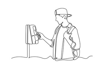 Tickets online concept. Single line draw design vector graphic illustration.