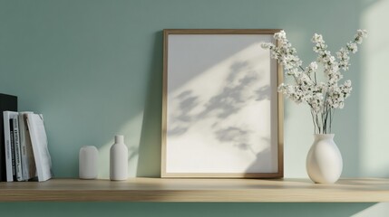Shelf decor with close-up poster frame 3d render