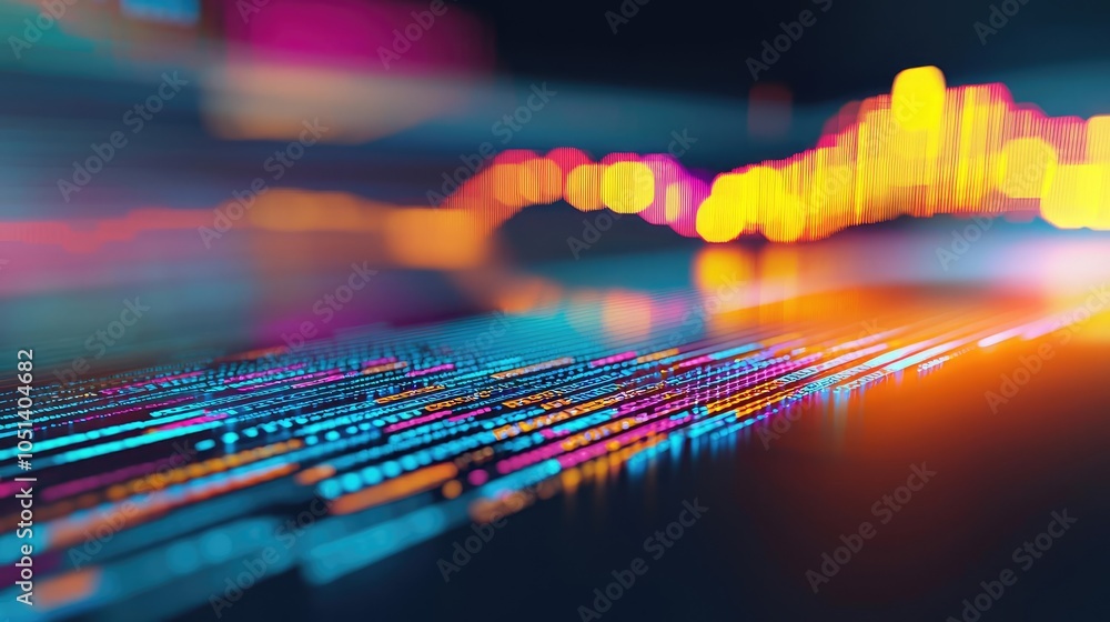 Poster abstract colorful digital wave with blurred lights on dark background.