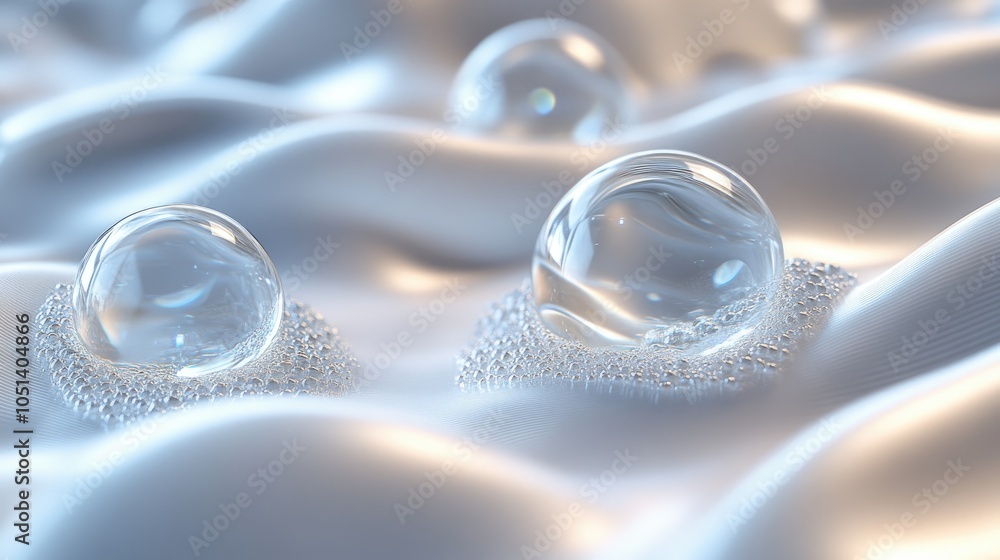 Poster three transparent spheres on a white textured surface with light shining from above.