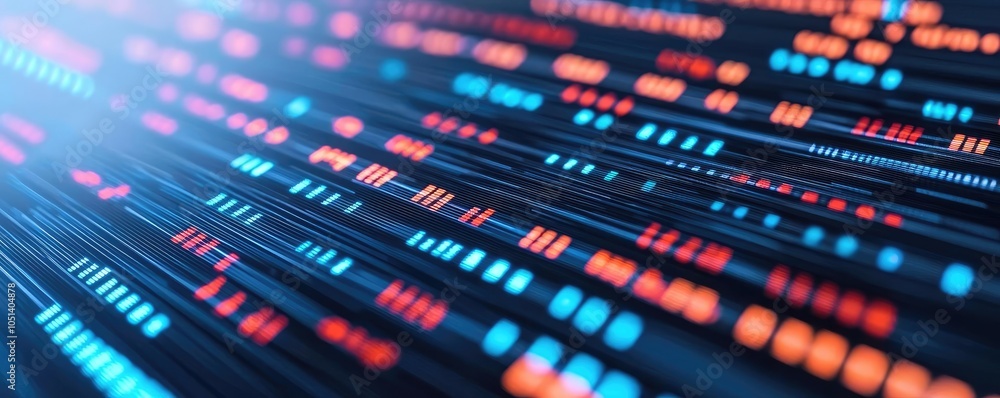 Poster abstract digital flow of data, vibrant lights on a dark background.