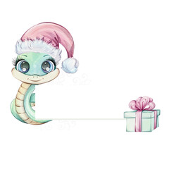 Green snake girl with crown and green gift box, pink bow. Watercolor frame, border with Symbol of Chines New Year 2025 in cute cartoon style for souvenirs, printing, packaging
