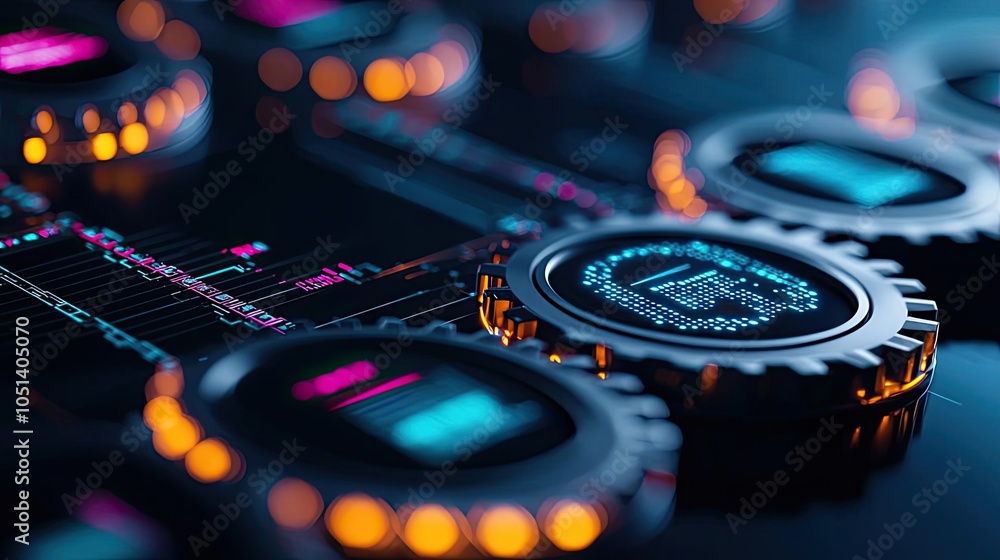 Aufkleber Close-up of colorful circuit board with gears and illuminated components.