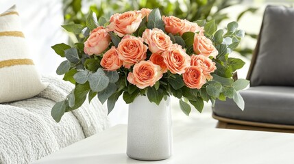 Peach Roses in White Vase on Table with Blurred Background