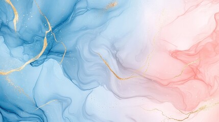 Fototapeta premium Abstract blue and pink watercolor background with gold accents.