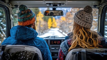 Couple on a Road Trip in a Van Adventure Travel Scenic Autumn Landscape Backseat View