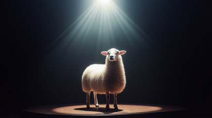 Single white sheep standing in spotlight on stage with dark background. Concept of being different, unique, and standing out