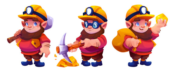 Cartoon gnome miners vector set in three poses - holds pickaxe, mines gold with tool, carries sack and nugget. Characters with cheerful expressions wear yellow helmets, red shirts and brown pants.