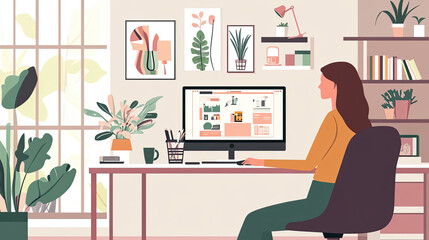 Smart working woman in stylish home office, focused on her computer screen