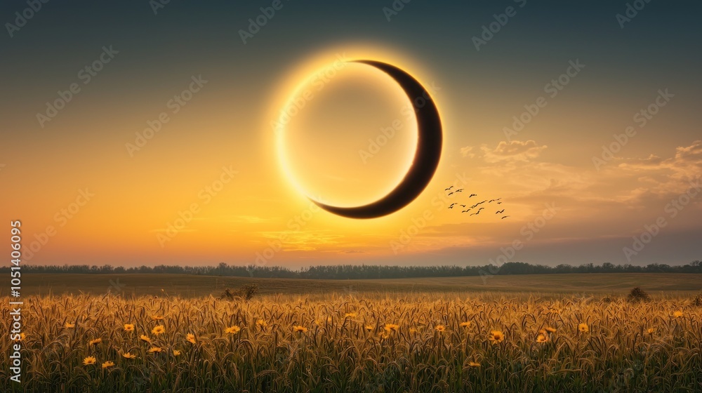 Poster an enchanting solar eclipse casting a spell over a tranquil landscape of golden fields and serenity
