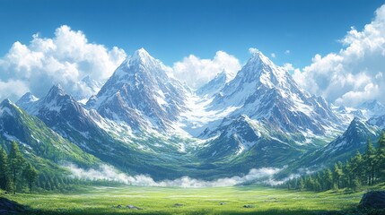 Fototapeta premium Majestic Snow-Capped Mountains with Lush Valley and Fog