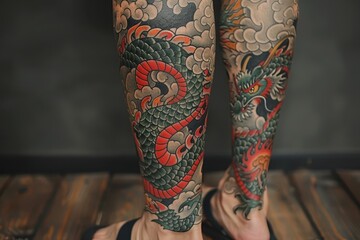 A traditional Japanese dragon tattoo winding around the leg, with clouds and flames.