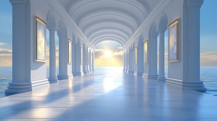 Obraz premium Modern Art Gallery with Ocean Sunset View White Columns Interior Design