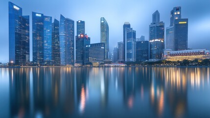 Fototapeta premium Modern Skyscrapers Reflected in Water at Dusk Cityscape Urban Architecture Evening Lights Calm