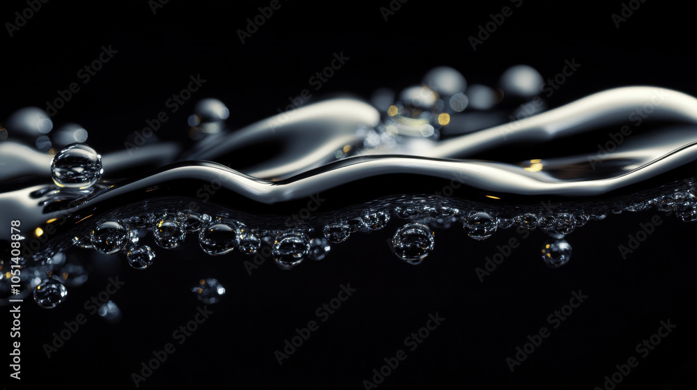 Poster a close-up of water bubbles floating in fluid, showcasing an elegant wave-like form against a dark b