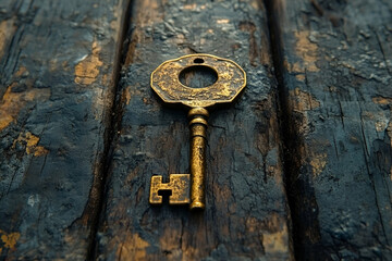 A vintage key resting on rustic wood, showcasing intricate designs and a weathered texture, evoking a sense of history and mystery.