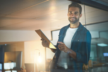 Business man, portrait and tablet at night with working, digital employee and professional with...