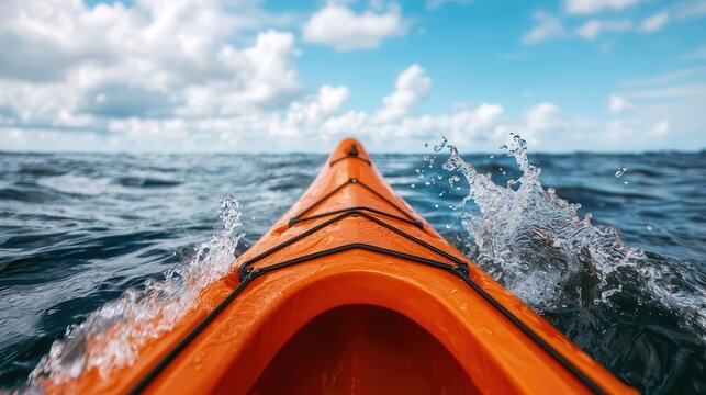 Water splashing off the sides of a sea kayak as it navigates through waves, kayak wave splash, adventure motion