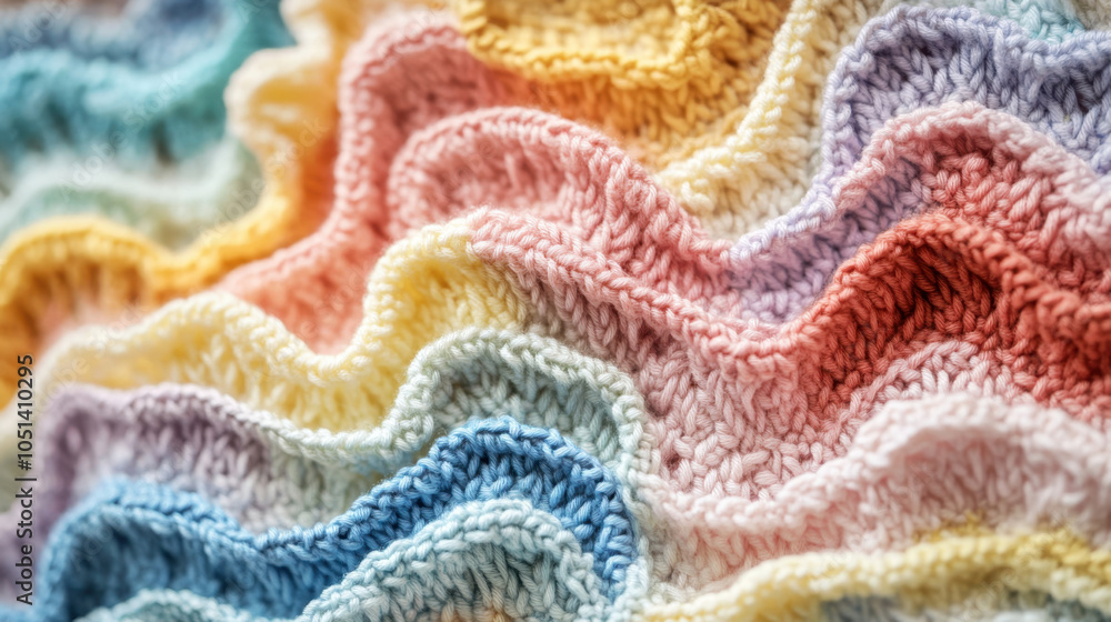 Poster a close-up of a textured fabric with colorful, wavy patterns, showcasing a soft and inviting textile