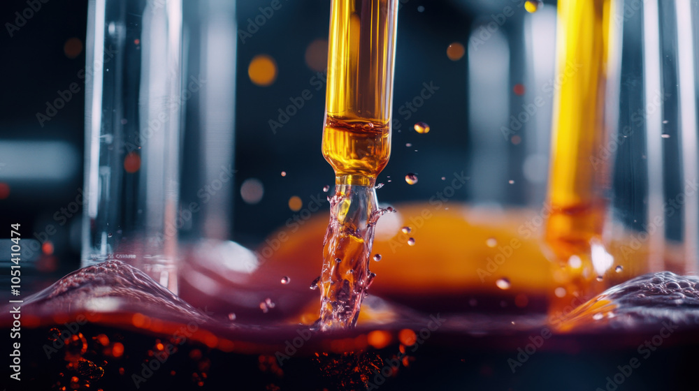Poster a close-up view of liquid pouring into a container, creating bubbles and vibrant colors, with a focu