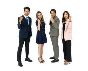 Four business professional stand together, raising their fist in solidarity and determination,...
