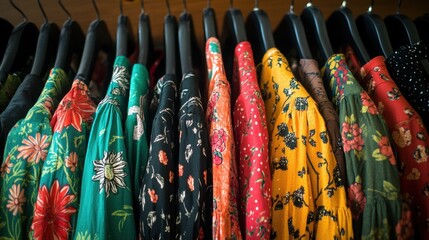 Fototapeta premium Colorful Floral Patterned Shirts Hanging on Hangers for Fashion Blog Retail and Apparel Industry