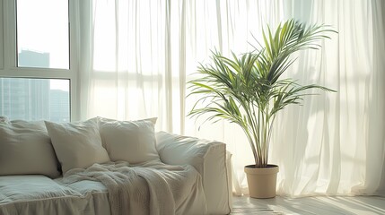 Naklejka premium Simple interior white wall and sofa poster background