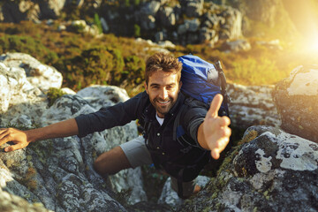 Help, portrait and man with mountains, hiking and smile with fitness, travel and nature. Face,...