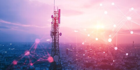 5G Telecommunication Tower with Smart City Network Connections, 5G Network Tower Connection, Data Connection