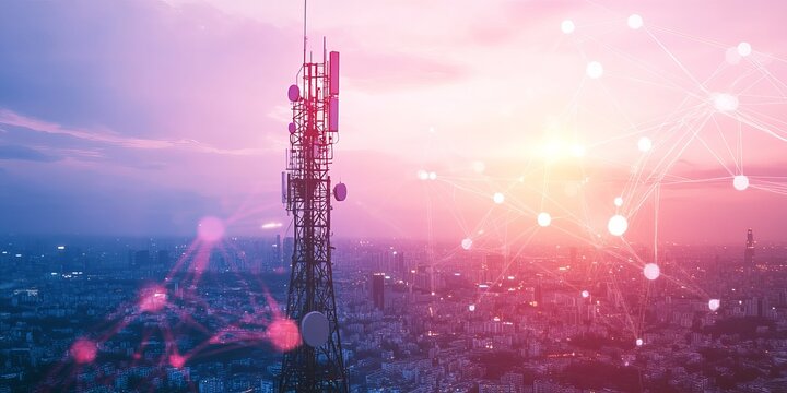 5G Telecommunication Tower with Smart City Network Connections, 5G Network Tower Connection, Data Connection