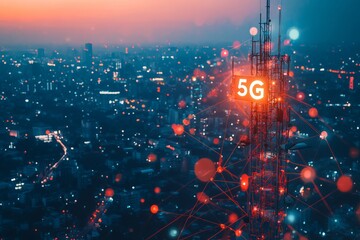 5G Telecommunication Tower with Smart City Network Connections, 5G Network Tower Connection, Data Connection