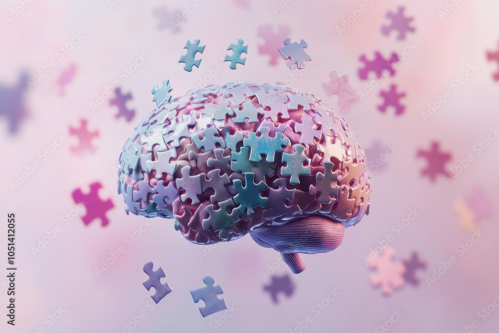 Poster a colorful brain made of puzzle pieces surrounded by scattered puzzle fragments, symbolizing complex