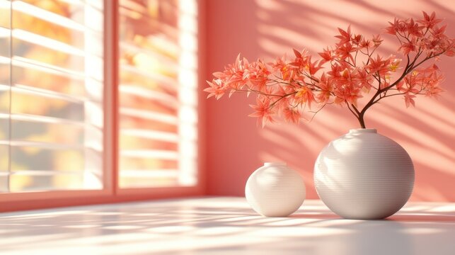 White vases with pink flowers on a white window sill with a blurred background of a window with blinds. - Powered by Adobe