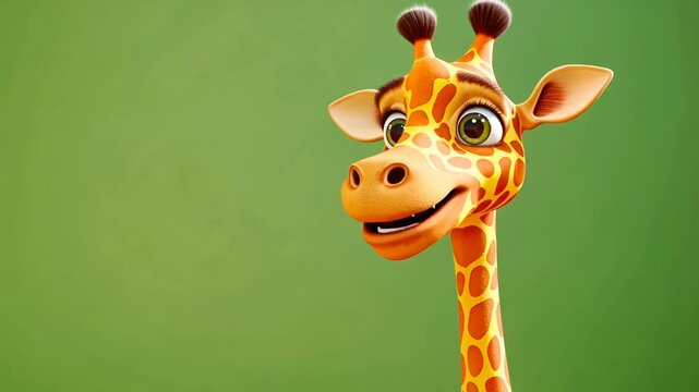 A cute cartoon giraffe with big eyes and a friendly smile looks at the camera against a green background.