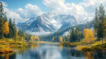 Scenic mountain landscape with a serene lake and autumn trees.