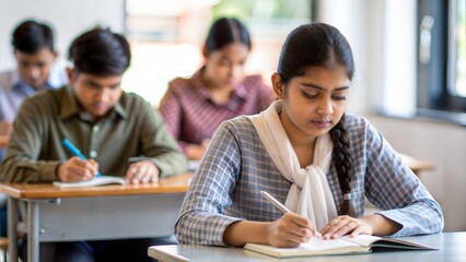 An Indian student engaging with educational materials in a softly blurred classroom environment.
