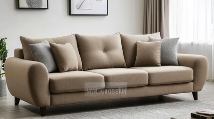 Modern Beige Sofa with Pillows in Living Room Interior Design