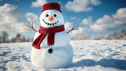 Obraz premium Charming Snowman with Red Scarf and Hat in a Winter Wonderland Under a Clear Blue Sky