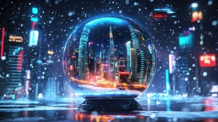 Futuristic snow globe cityscape with neon lights.