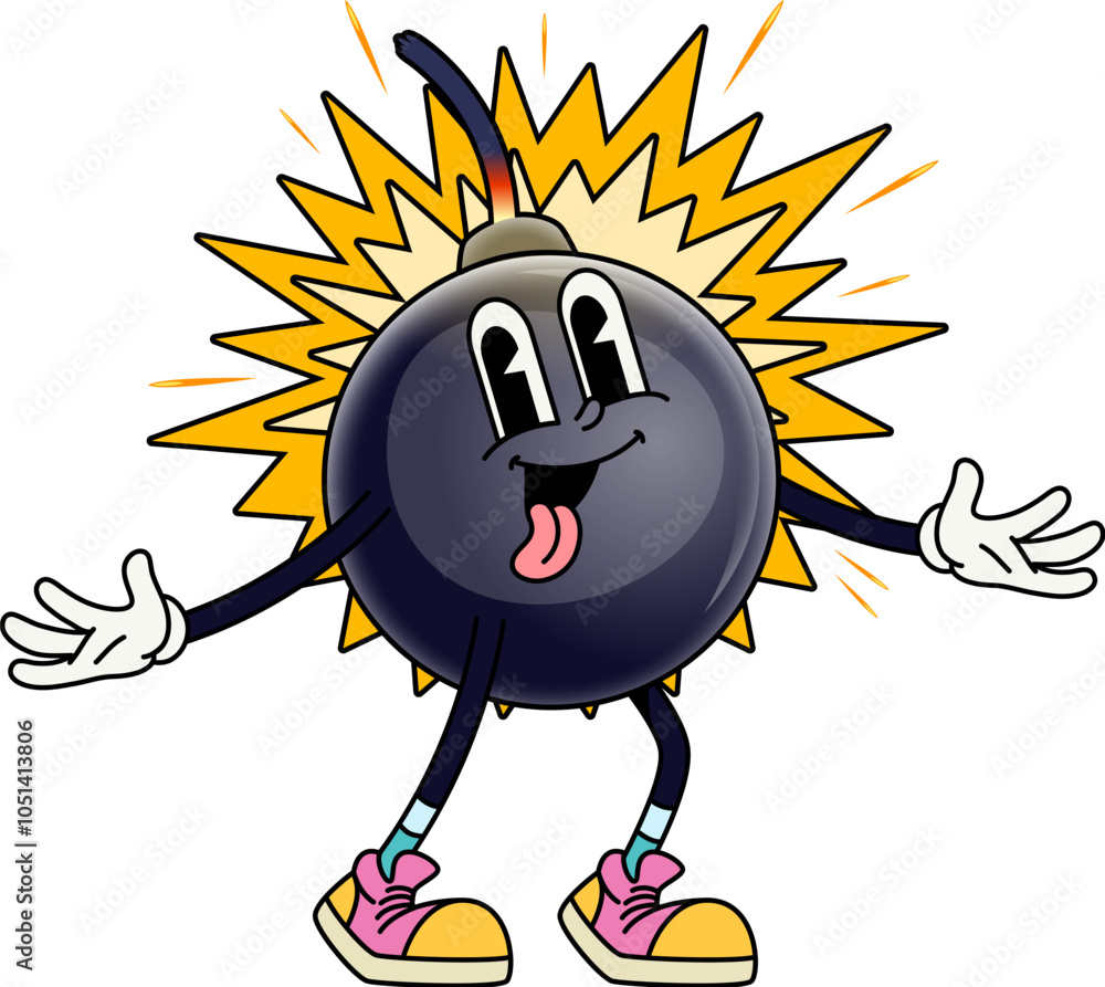 Aufkleber exploding bomb cheerful groovy character. explosion happy cartoon funky personage, grenade or dynami