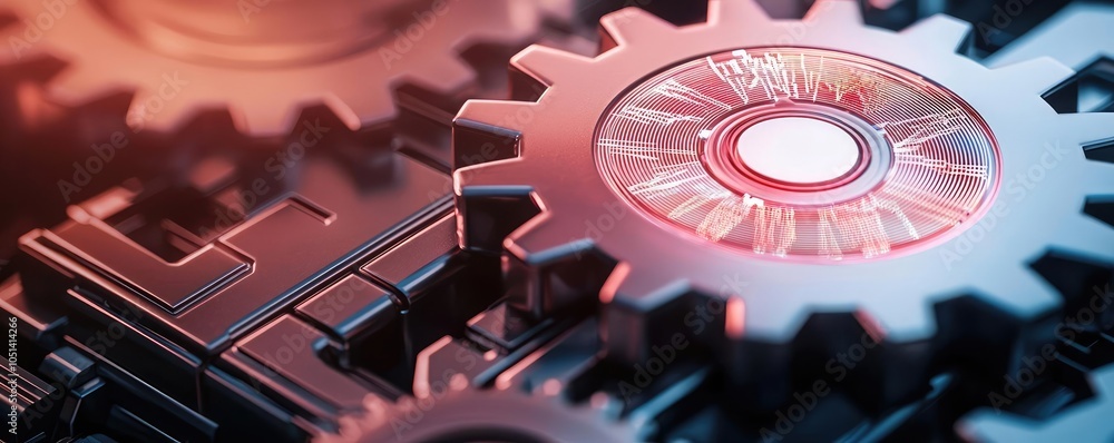 Poster close-up of intricate gears with a glowing center on a dark background.
