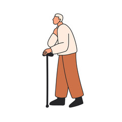 Elderly man going with walking stick. Senior male character leaning on cane, strolling outdoors, on street. Retired person of old age, profile. Flat vector illustration isolated on white background