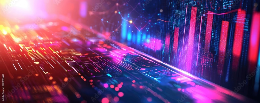Poster Abstract technology background with vibrant colors and data visualization elements.
