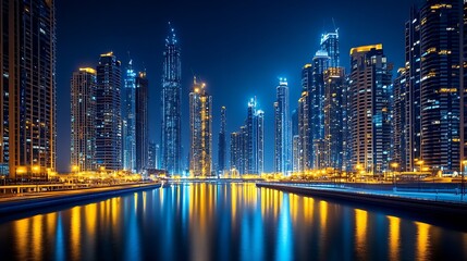 Naklejka premium Vibrant Night Skyline of Illuminated Skyscrapers Reflecting on City River : Generative AI