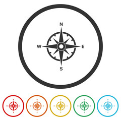 Compass wind rose icon. Set icons in color circle buttons