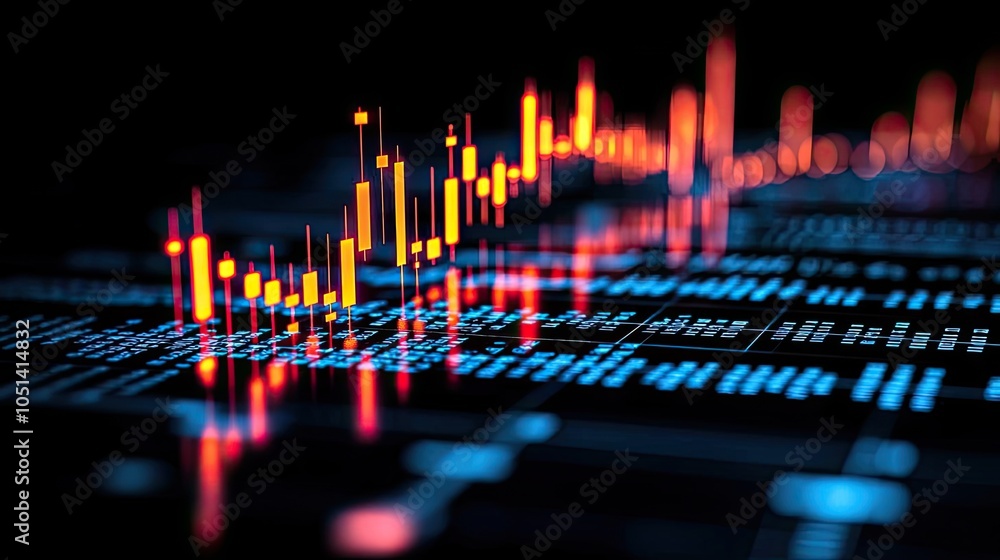 Poster colorful financial graph with candlestick chart on a digital background.